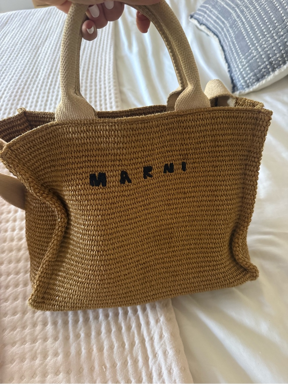 Marni Mustard Woven Raffia Tote with Cream Handles